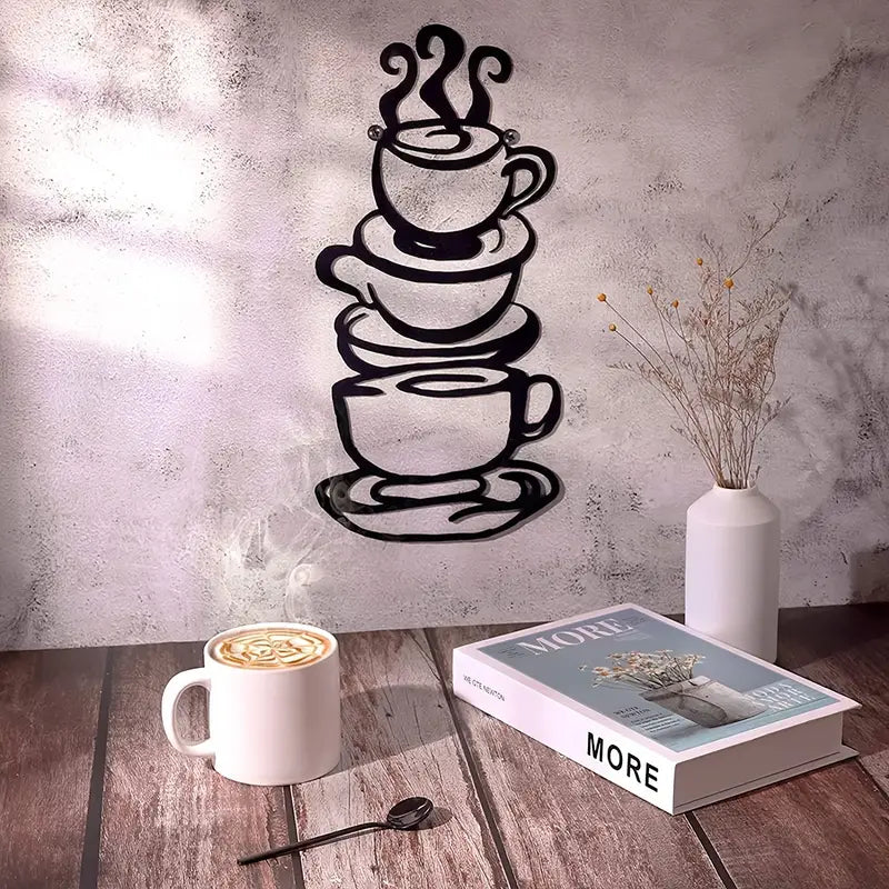 Black Metal Coffee Cup Wall Art for Kitchen Decor